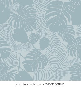 Fondo de Vector de follaje exótico. Hojas tropicales sin costura patrón de bosque lluvioso. Estampado de Vector de la selva en gris sutil.