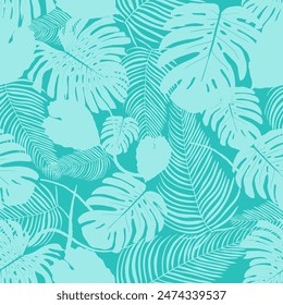 Exotic foliage vector background. Seamless tropical leaves rainforest pattern. Vector jungle fashion print in teal blue.