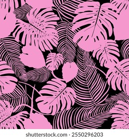 Fundo de vetor de folhagem exótica. Folhas tropicais sem costura padrão da floresta tropical. Impressão de moda de selva vetorial em rosa e preto.