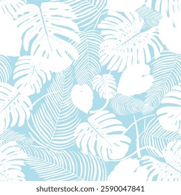 Exotic foliage vector background. Seamless tropical leaves rainforest pattern. Vector jungle fashion print in blue and white.