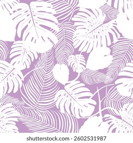 Exotic foliage vector background. Seamless tropical leaves rainforest pattern. Vector jungle fashion print in purple and white.