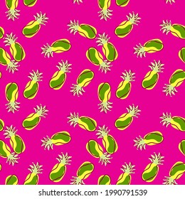 Exotic food seamless bright pattern with green and yellow pineapples shapes. Pink background. Simple style. Decorative backdrop for fabric design, textile print, wrapping, cover. Vector illustration.