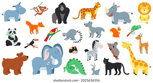 Exotic forest animals. Cute cartoon animal zoo life, zebra fox bear. Wild safari, comic kids elephant panda and different african decent vector characters