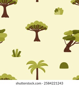 Exotic forest seamless pattern. Flat vector print on green background.