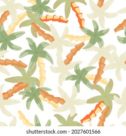 Exotic forest seamless pattern with random pastel tones palm tree print. Isolated tropical artwork. Designed for fabric design, textile print, wrapping, cover. Vector illustration.