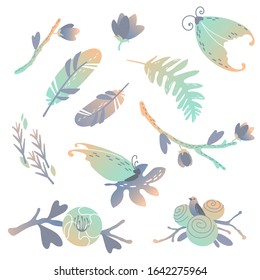 Exotic forest set for decoration. Flowering branches, leaves, herbs, moths, small bird, feathers.