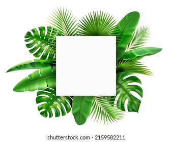 Exotic frame background with spare place for text, poster or banner with tropical 3D realistic leaves. Vector jungle foliage leafage. Green floral card, spring or summer rainforest greenery