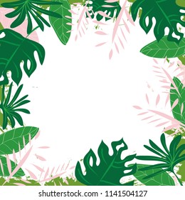 Exotic  Frame Pattern of Tropical Bright Green leaves on white backround