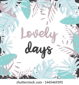Exotic  Frame Pattern of Tropical Bright Green leaves on white backround with slogan