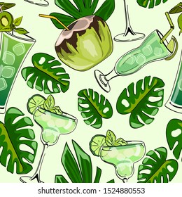 Exotic fresh cocktails seamless pattern on a green background. 
Coconut cocktail, margaritas, mojito.