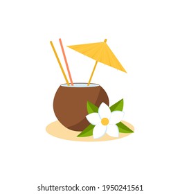 Exotic fresh coconut juice cocktail. Nut drink, tropical cocktail vector illustration isolated on white background