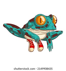 Exotic Frog, isolated vector illustration. Vivid tropic froglet. Calm sitting turquoise frog. A poisonous froglet, wearing sneakers, sitting on haunches, and observing something. Dangerous amphibian