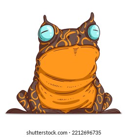 An Exotic Frog, isolated vector illustration. Cartoon picture of a calm tropic toad sitting. Drawn animal sticker. Simple drawing of a horned frog on white background. The Amazon rainforest amphibian