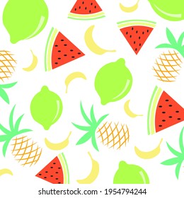 Patrón abstracto de fruta exótica, sandía, piña, plátano, cal sobre fondo blanco, ilustración vectorial.