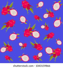 Exotic fruit background. Dragon fruit seamless pattern on the dark blue background.