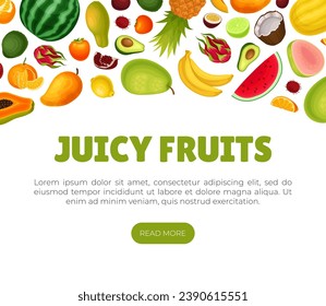 Diseño de pancarta de frutas exóticas con plantilla de vectores de cultivos de jardín dulce brillante