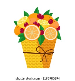 Exotic fruit bouquet with oranges, lemons and berries carved as flowers. Romantic vegan gift.