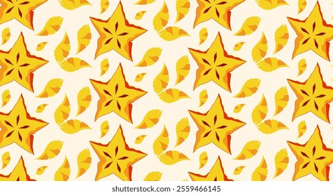 Exotic fruit carambola, starfruit branch with green foliage Seamless pattern.