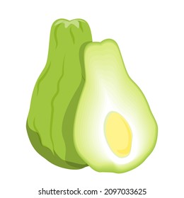 Exotische Obstchayote Vektor einzeln. Illustration eines grünen, frischen, gesunden Produktes. Slice eines Chayote mit Samen in der Mitte.