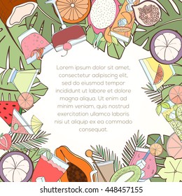 Exotic fruit and cocktail invitation card can be used for holiday cards, wedding invitation, postcard or website. Exotic fruit frame for menu. Tropical plants template. Holiday design. Food concept