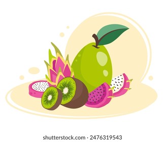 Exotic Fruit design. Hand drawn fruits composition. Natural organic healthy food. Tropical Sweet Fruit dessert. Carambola, guava, kiwi. Vector flat cartoon illustration for stickers, posters, textile