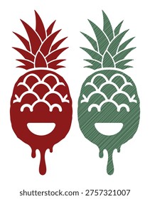 Exotic fruit drawing, pineapple with drip effect, funny character icon, summer food art