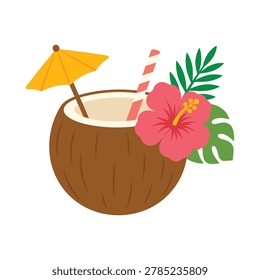 Exotic fruit drink illustration. Brown coconut shell cup featuring red flower. Striped straw and green palm leaves.