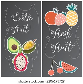 exotische Früchte und frische Obstkarte auf schwarzem Hintergrund