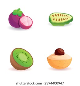 Exotic fruit icons set cartoon vector. Noni fruit, mangosteen, kiwi and longan. Healthy food