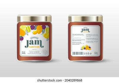Exotic fruit jam. Starfruit (carambola), mangosteen and mango. Label for jar and packaging. Whole and cut fruits, leaves and flowers, text, stamp(sugar free).