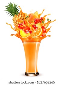 Exotic fruit juice splash. Whole and sliced pineapple, orange, peach, cherry fruit in a sweet juce or cocktail with splashes and drops isolated on transparent background. 3D. Vector.