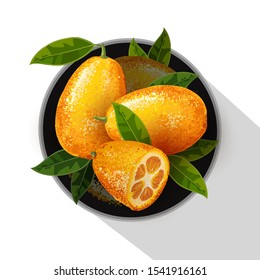 Exotic fruit kumquat with green leaves on the plate. Fresh fruit cartoon style. Watercolor realistic handdrawn vector illustration isolated on white background. Whole and cut orange juice kumquat.