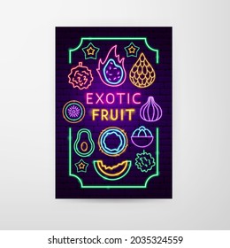 Neon Flyer de frutas exóticas. Ilustración vectorial de la promoción tropical.