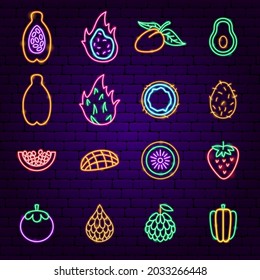 Neones de frutas exóticas. Ilustración vectorial de la promoción tropical.