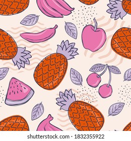 Exotic fruit  pattern in hand-drawn style. Vector repeat background for colorful summer fabric.