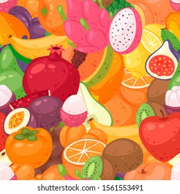 Exotic fruit pattern seamless vector. Fruity background and fruitful exotic wallpaper with fresh organic pomegranate, papaya, orange and figs and tropical fruits illustration backdrop.