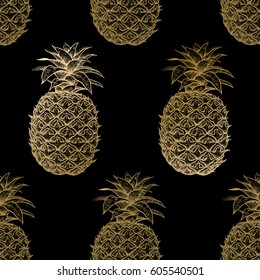Exotic fruit pineapple. Seamless pattern oriental style. Hand drawing. Vector illustration. Luxury art background with elements of nature. Template for packaging, textile, paper. Gold and black colors