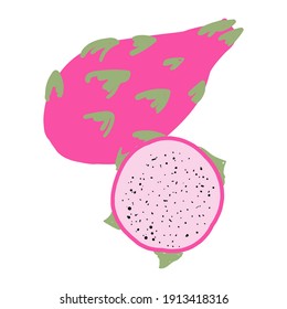 Exotic fruit pitahaya. Dragon fruit, whole fruit and half. Vector illustration cartoon flat icon isolated on white 