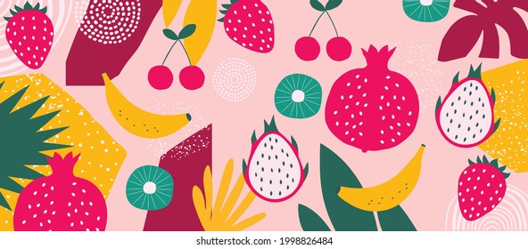 Exotische Obstposter. Sommertropisches Design mit Obst, Banane, Erdbeere, Granatapfelsaum, Pitaya, Kirsche, Kiwi bunte Mischung. Gesunde Ernährung, veganischer Lebensmittelhintergrund Vektorgrafik