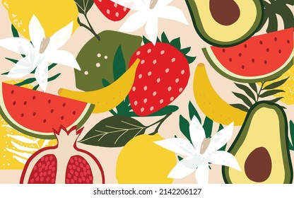 Exotic fruit poster. Summer tropical design with fruit, strawberry, pomegranate, avocado, banana, lemon and watermelon colorful mix. Healthy diet, vegan food background vector illustration	