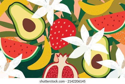 Exotic fruit poster. Summer tropical design with fruit, strawberry, pomegranate, avocado, banana and watermelon colorful mix. Healthy diet, vegan food background vector illustration	