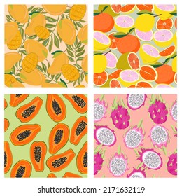 Exotic fruit seamless pattern collection. Mango, papaya, citrus, dragon fruit. Editable vector illustration.