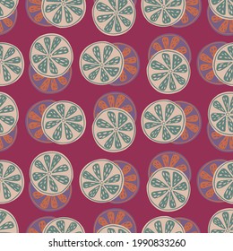 Exotic fruit seamless pattern with doodle vintage citrus slices elements. Pink pale background. Simple print. Stock illustration. Vector design for textile, fabric, giftwrap, wallpapers.