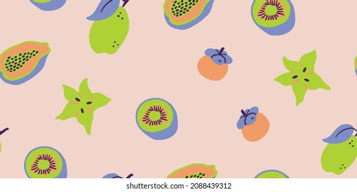 Exotische Fruchtnahtlose Muster im Doodle-Stil. Vektorwiederholter Hintergrund für bunte Sommerstoffe in Pastellfarben