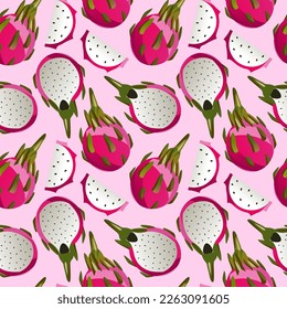 Exotic fruit seamless pattern with dragon fruit on dark background. Hand drawn summer tropic fruit texture. Vector fruit illustration. For textiles, clothing, bed linen, office supplies