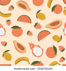 Exotic fruit seamless pattern handd rawn style Vector repeat background  colorful summer fabric wallpaper home textile garment wrappers