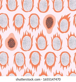 Exotic fruit seamless pattern in hand-drawn style in pink colors. Vector repeat background for colorful summer fabric. 