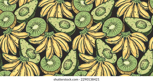 Patrón exótico de frutos sin soldadura con kiwi, banana y aguacate. Frutas ecológicas vectoriales e ingredientes naturales orgánicos para el mercado de alimentos.