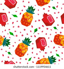 Exotic fruit seamless pattern. Stylized pineapple and pomegranate geometric design