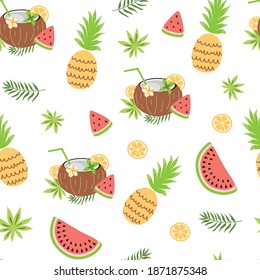 Exotic fruit seamless pattern. Summer tropical fruits background. Coconut, watermelon, pineapple, leaves